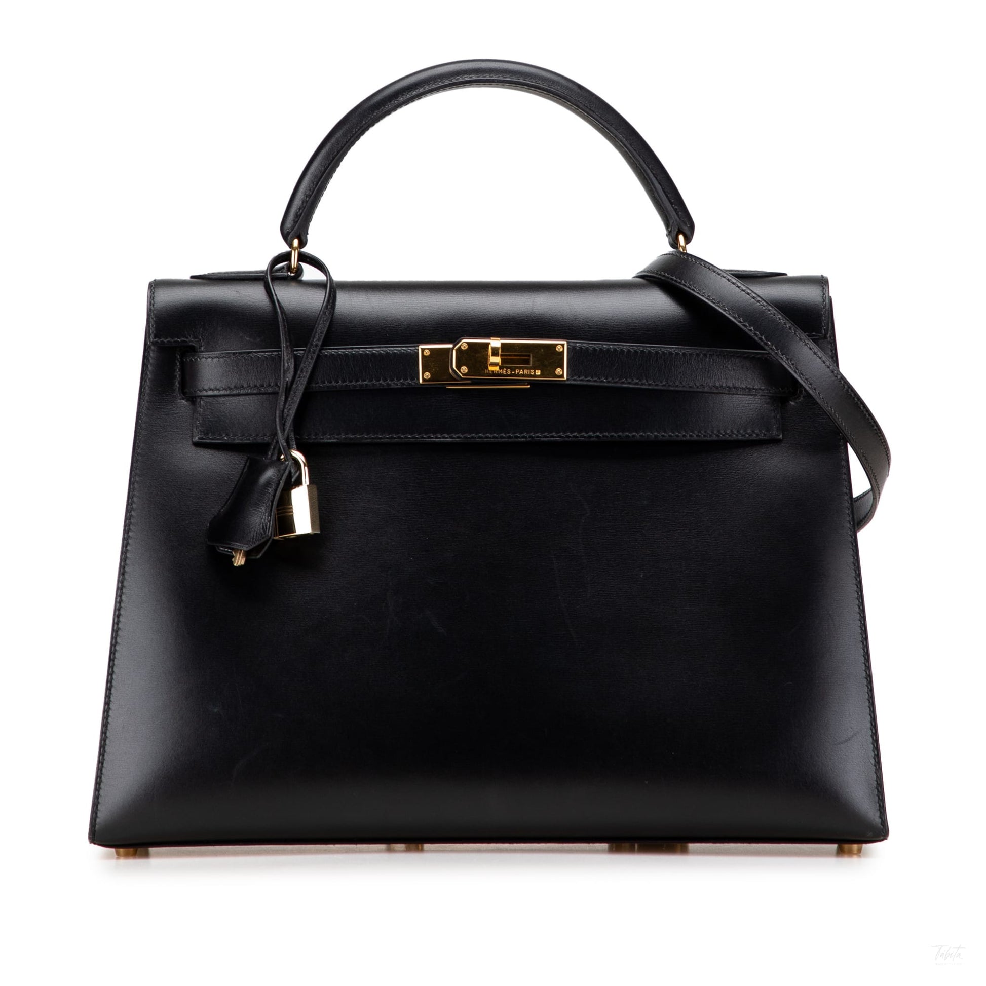 Second hand Hermes Kelly 32 Box Calf Leather Top - Handle Handbag Noir - Tabita Bags