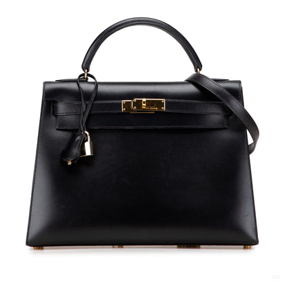 Second hand Hermes Kelly 32 Box Calf Leather Top - Handle Handbag Noir - Tabita Bags