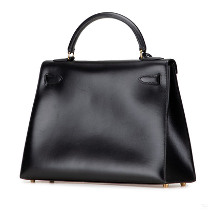 Second hand Hermes Kelly 32 Box Calf Leather Top - Handle Handbag Noir - Tabita Bags