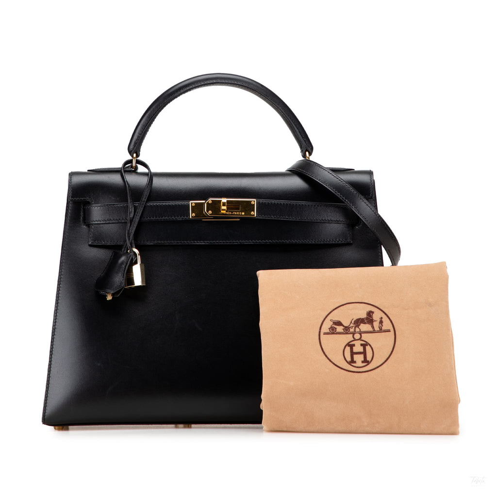 Second hand Hermes Kelly 32 Box Calf Leather Top - Handle Handbag Noir - Tabita Bags