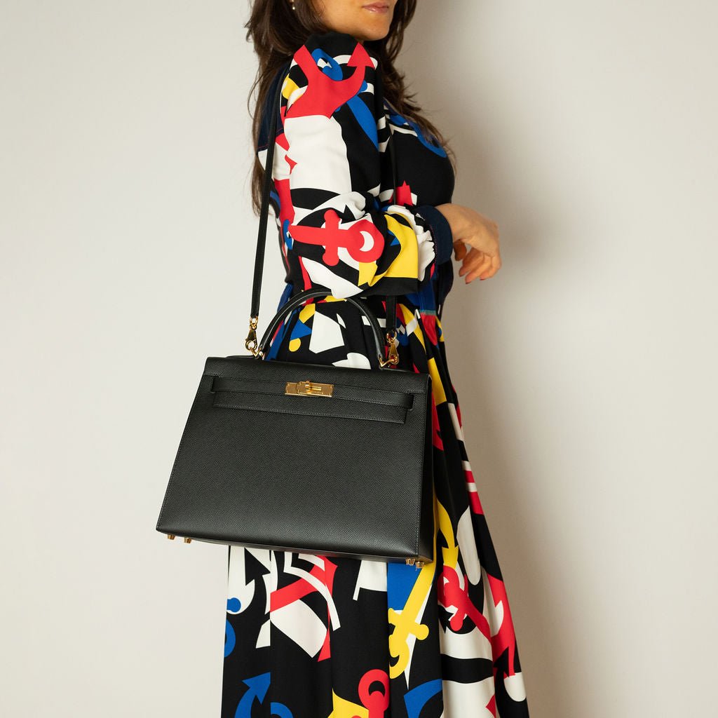 Second hand Hermes Kelly 32 Epsom Leather Sellier Top - handle Handbag Black - Tabita Bags