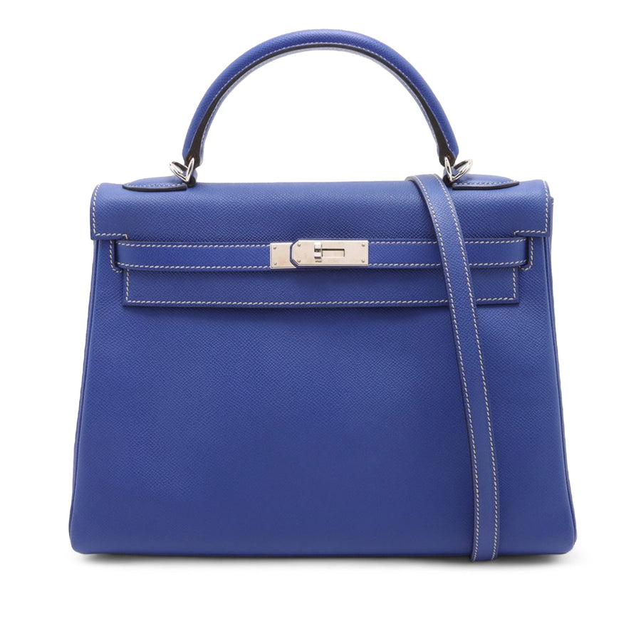 Second hand Hermes Kelly 32 Epsom Leather Sellier Top - handle Handbag Blue Electric - Tabita Bags