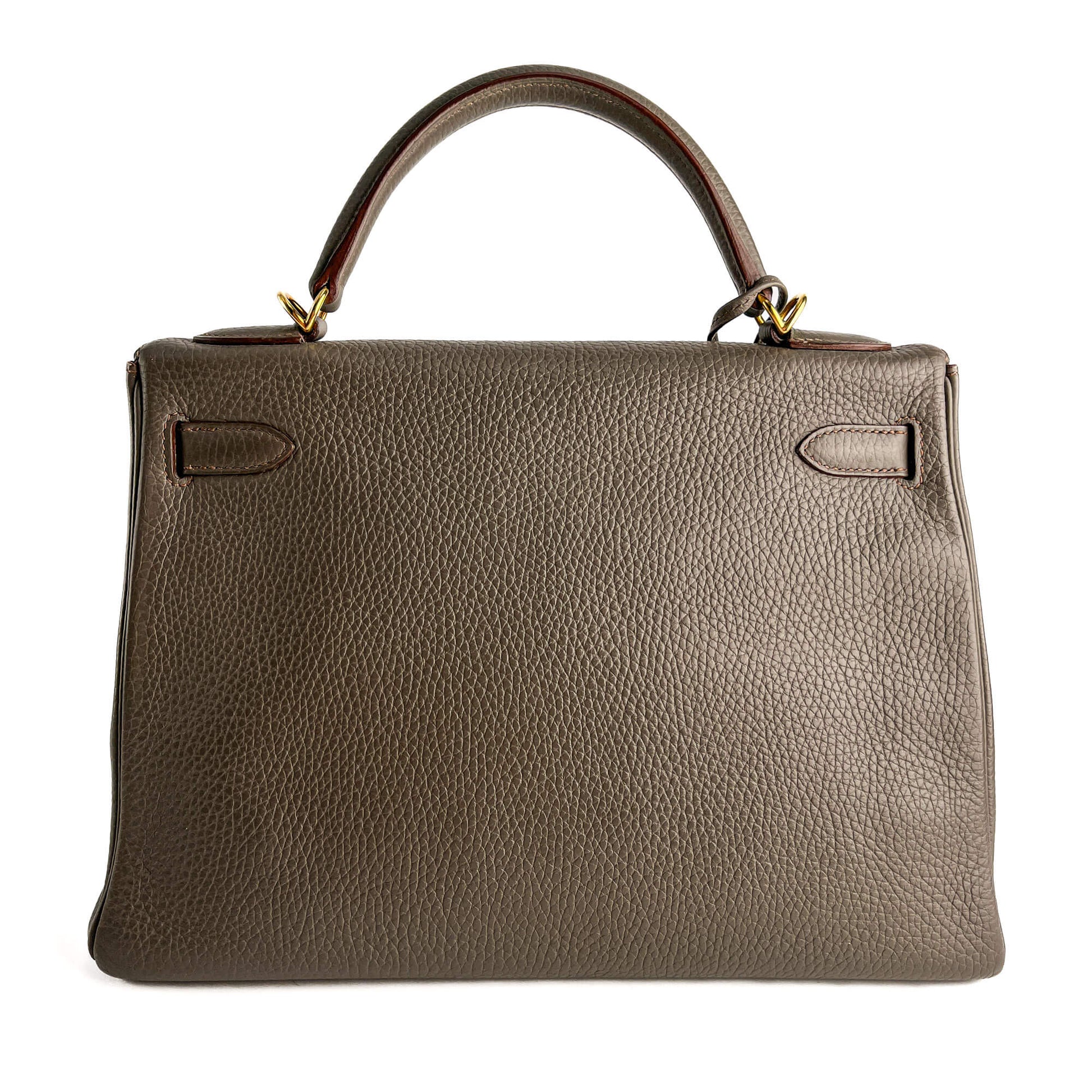 Second hand Hermes Kelly 32 Taurillon Clemence Leather Retourne Top - handle Handbag Etain - Tabita Bags