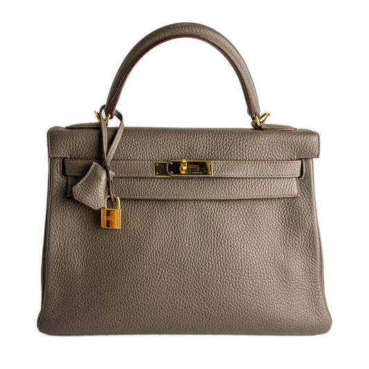 Second hand Hermes Kelly 32 Taurillon Clemence Leather Retourne Top - handle Handbag Etain - Tabita Bags