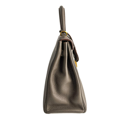 Second hand Hermes Kelly 32 Taurillon Clemence Leather Retourne Top - handle Handbag Etain - Tabita Bags