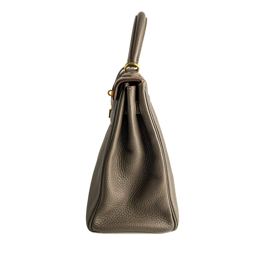 Second hand Hermes Kelly 32 Taurillon Clemence Leather Retourne Top - handle Handbag Etain - Tabita Bags