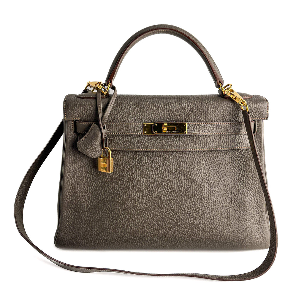Second hand Hermes Kelly 32 Taurillon Clemence Leather Retourne Top - handle Handbag Etain - Tabita Bags