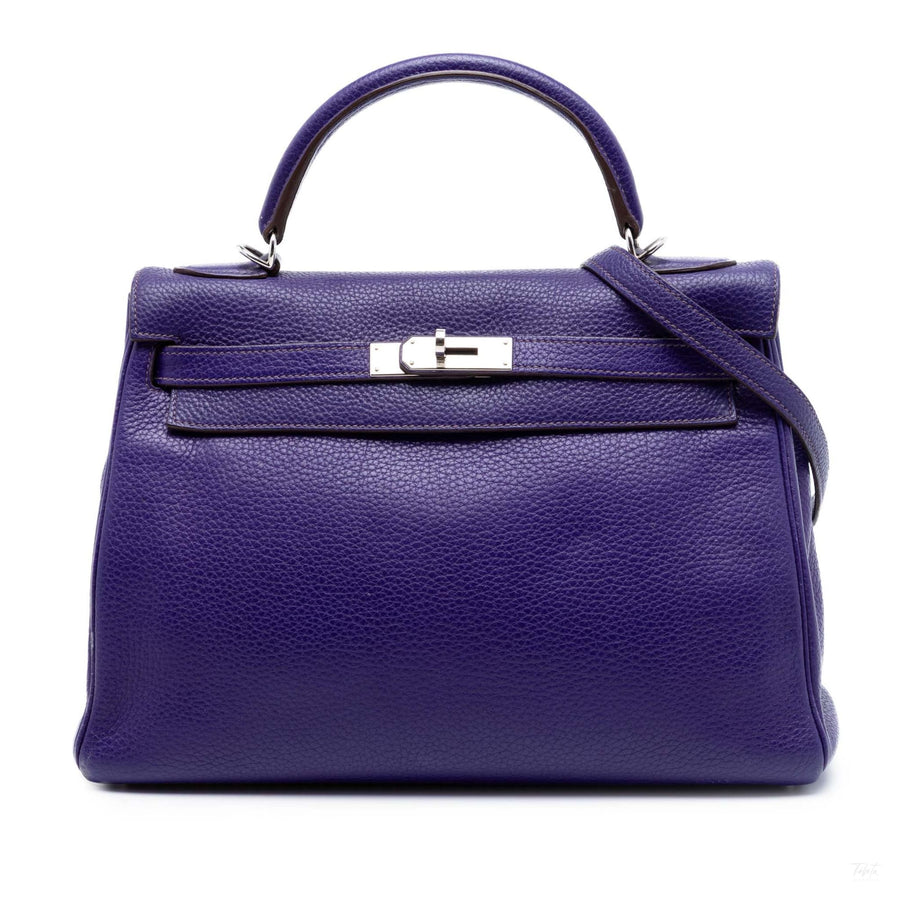 Second hand Hermes Kelly 32 Taurillon Clemence Leather Retourne Top-handle Handbag Purple - Tabita Bags