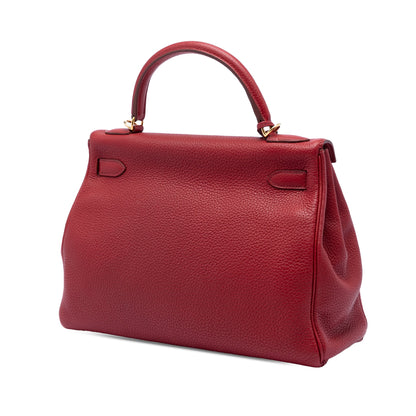Second hand Hermes Kelly 32 Taurillon Clemence Leather Retourne Top - handle Handbag Red - Tabita Bags