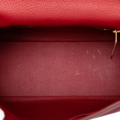 Second hand Hermes Kelly 32 Taurillon Clemence Leather Retourne Top - handle Handbag Red - Tabita Bags