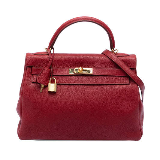 Second hand Hermes Kelly 32 Taurillon Clemence Leather Retourne Top - handle Handbag Red - Tabita Bags