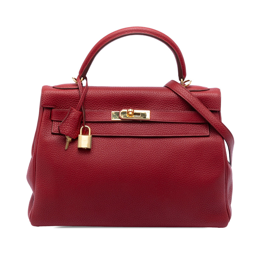Second hand Hermes Kelly 32 Taurillon Clemence Leather Retourne Top - handle Handbag Red - Tabita Bags