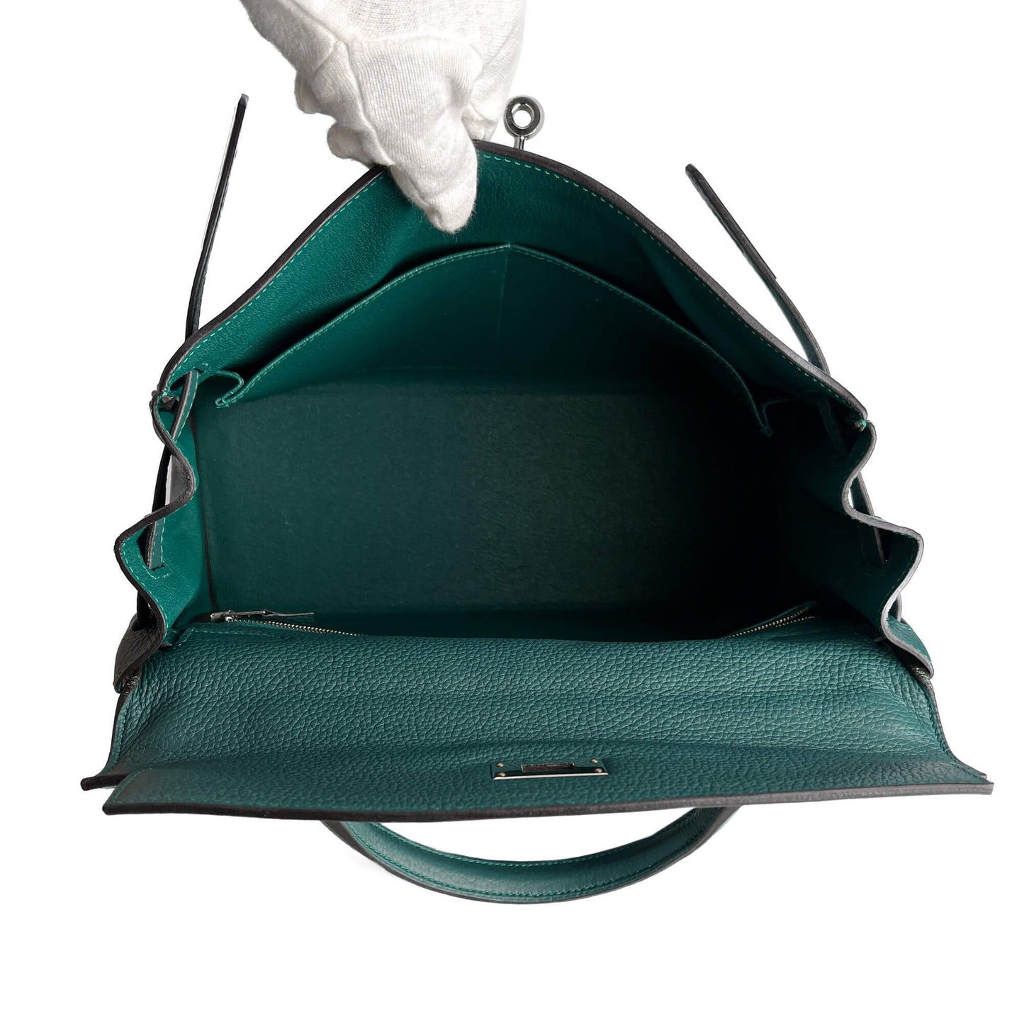 Second hand Hermes Kelly 32 Taurillon Clemence Leather Top - Handle Handbag Malachite - Tabita Bags
