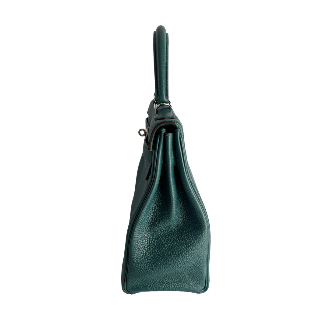 Second hand Hermes Kelly 32 Taurillon Clemence Leather Top - Handle Handbag Malachite - Tabita Bags