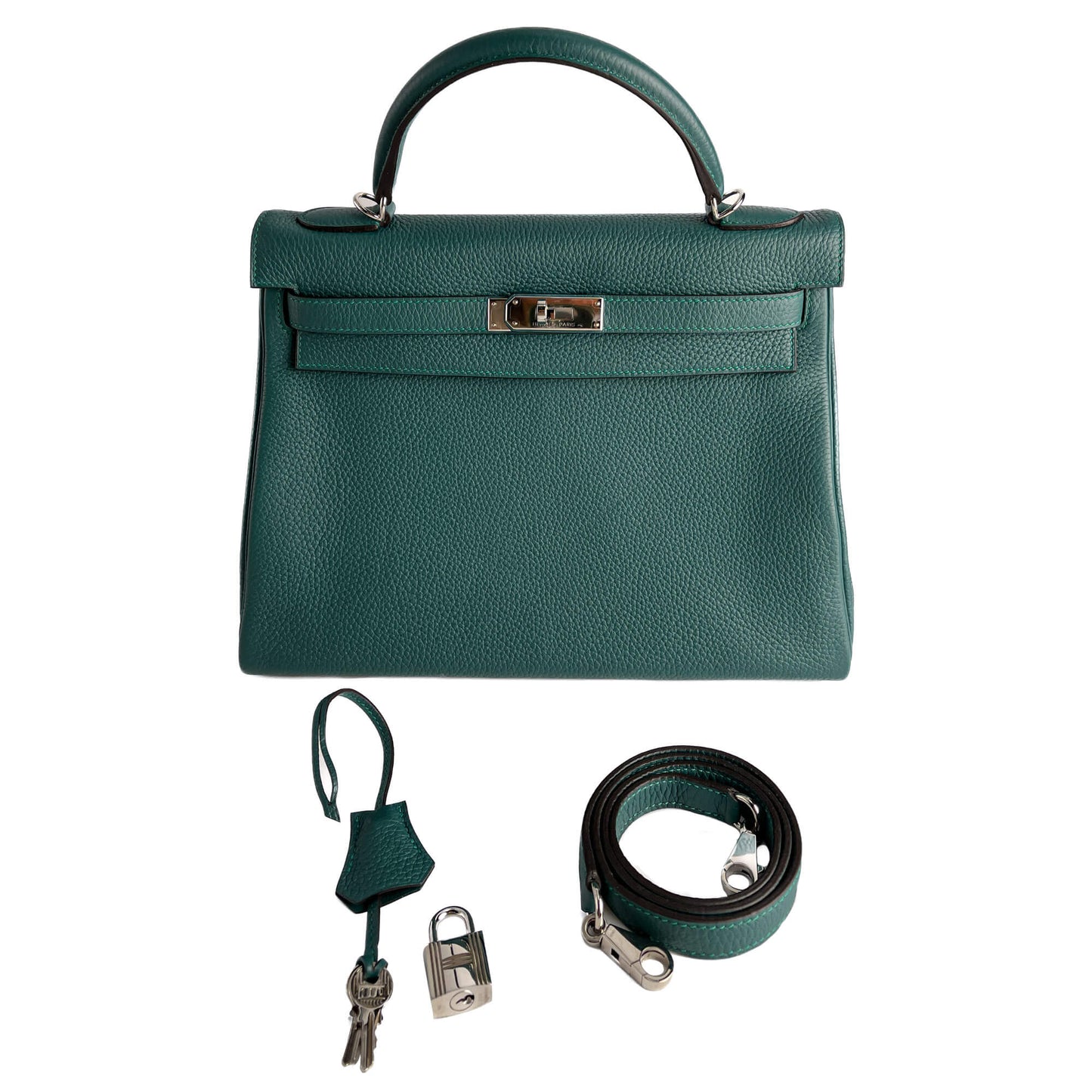 Second hand Hermes Kelly 32 Taurillon Clemence Leather Top - Handle Handbag Malachite - Tabita Bags