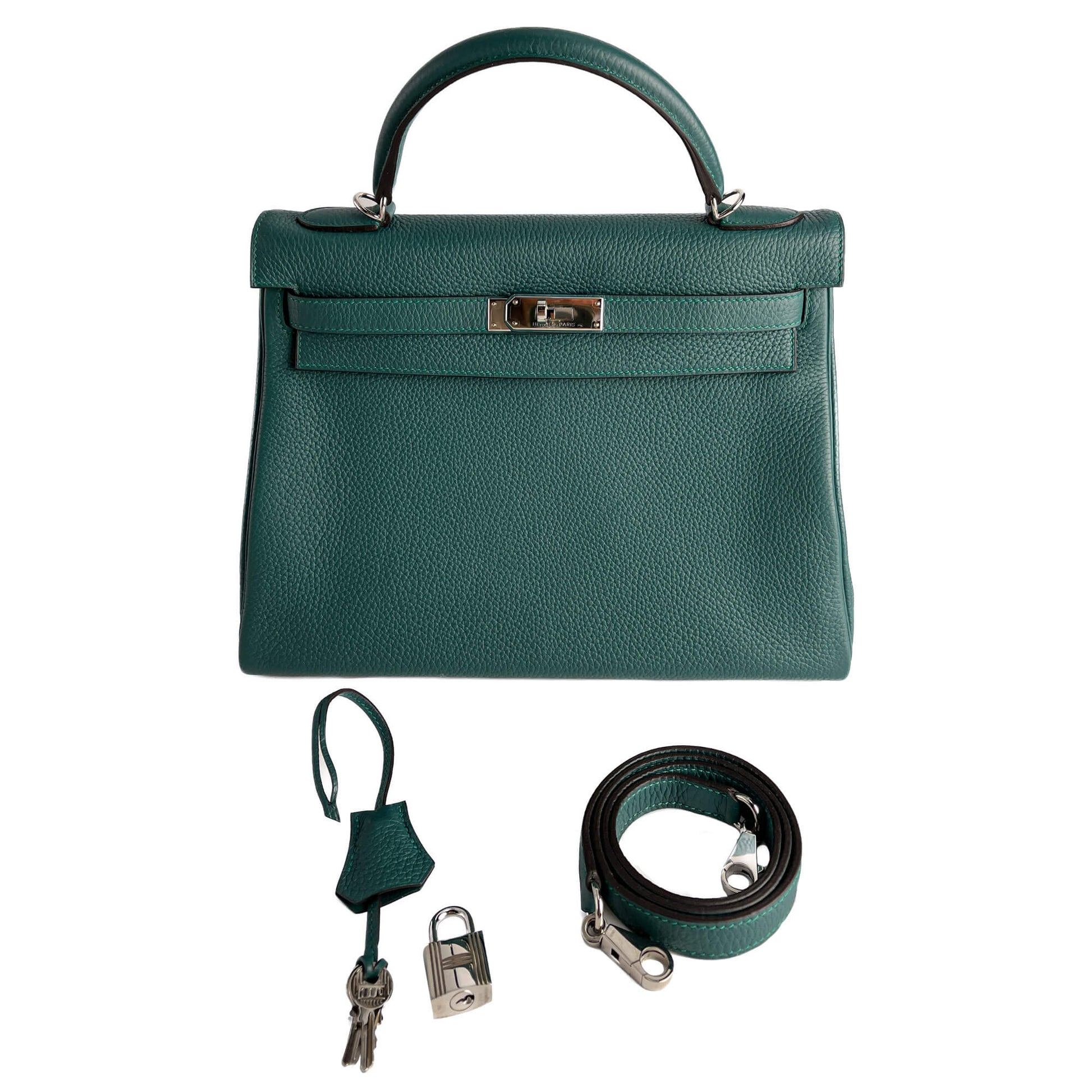Second hand Hermes Kelly 32 Taurillon Clemence Leather Top - Handle Handbag Malachite - Tabita Bags