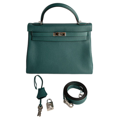 Second hand Hermes Kelly 32 Taurillon Clemence Leather Top - Handle Handbag Malachite - Tabita Bags