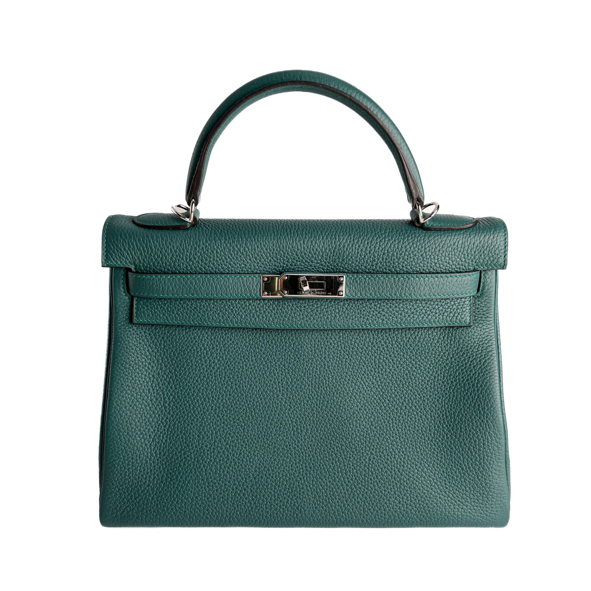 Second hand Hermes Kelly 32 Taurillon Clemence Leather Top - Handle Handbag Malachite - Tabita Bags
