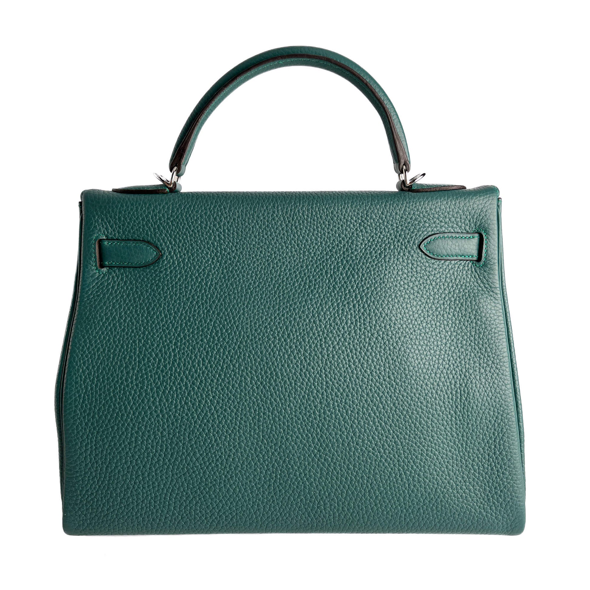 Second hand Hermes Kelly 32 Taurillon Clemence Leather Top - Handle Handbag Malachite - Tabita Bags