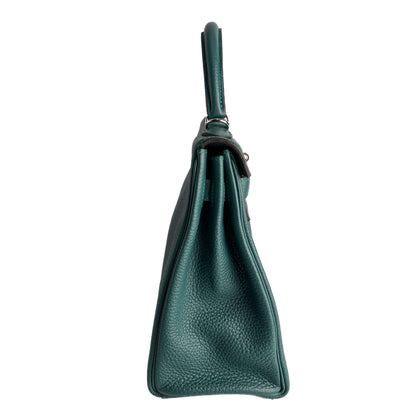 Second hand Hermes Kelly 32 Taurillon Clemence Leather Top - Handle Handbag Malachite - Tabita Bags