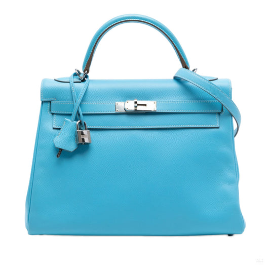 Second hand Hermes Kelly 32 Togo Leather 2 - Ways Top - handle Handbag Blue du Nord - Tabita Bags