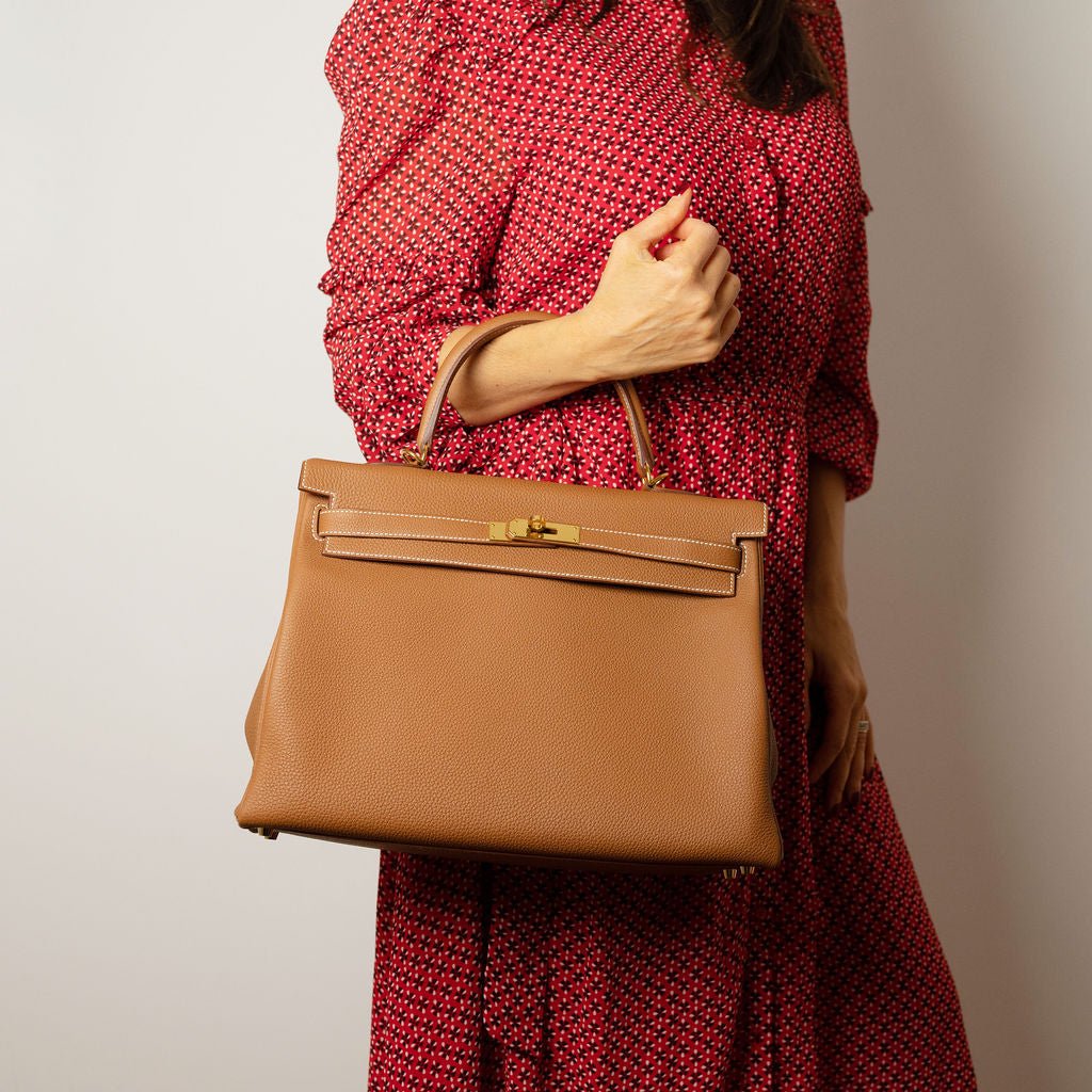 Second hand Hermes Kelly 32 Togo Leather 2 - Ways Top - Handle Handbag Gold - Tabita Bags