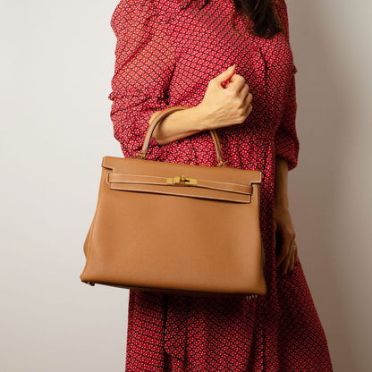 Second hand Hermes Kelly 32 Togo Leather 2 - Ways Top - Handle Handbag Gold - Tabita Bags