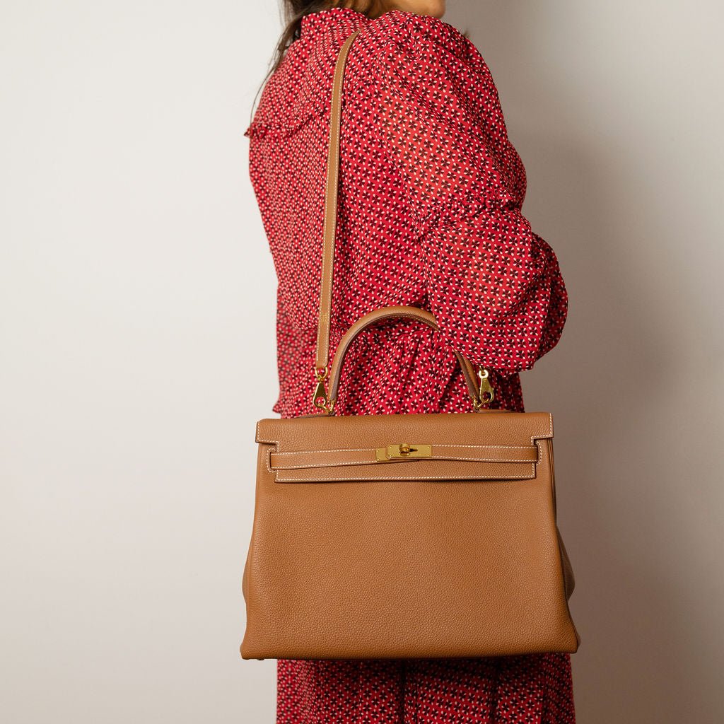 Second hand Hermes Kelly 32 Togo Leather 2 - Ways Top - Handle Handbag Gold - Tabita Bags