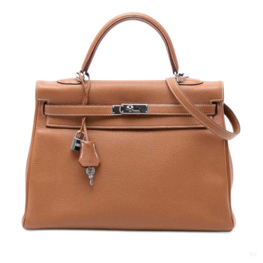 Second hand Hermes Kelly 35 Clemence Leather Top - handle Handbag Brown - Tabita Bags