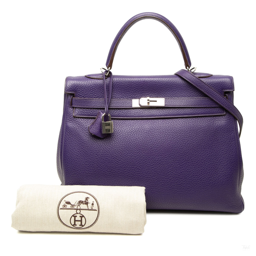 Second hand Hermes Kelly 35 Clemence Leather Top-handle Handbag Purple - Tabita Bags