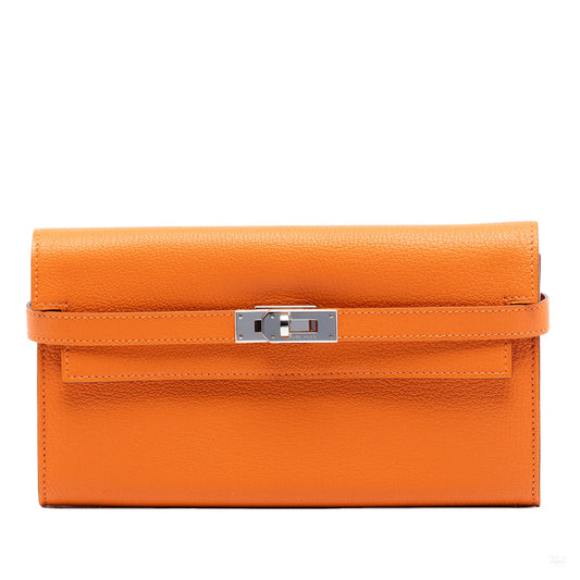 Second hand Hermes Kelly Chèvre Mysore Leather Long Wallet Orange - Tabita Bags