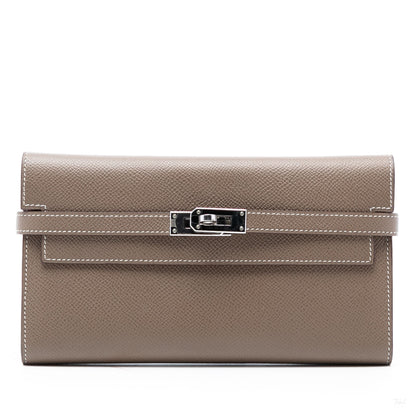 Second hand Hermes Kelly Epsom Leather Long Wallet Etoupe - Tabita Bags