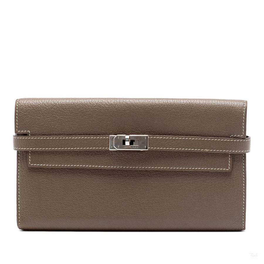 Second hand Hermes Kelly Epsom Leather Long Wallet Etoupe - Tabita Bags