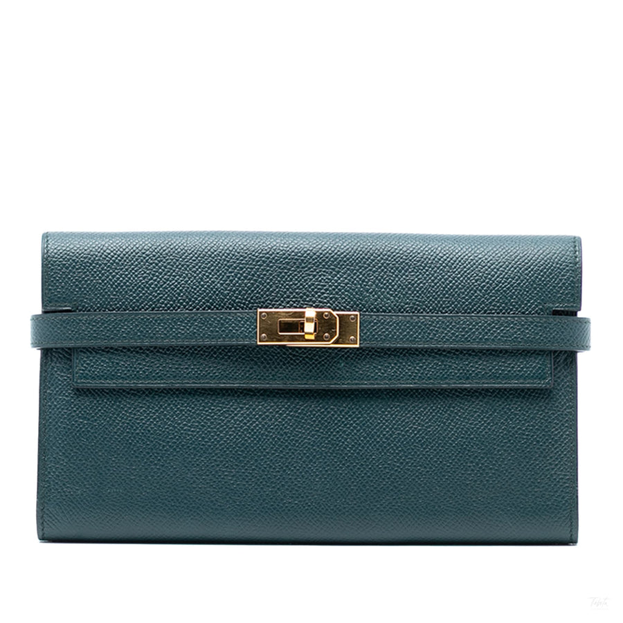 Second hand Hermes Kelly Epsom Leather Long Wallet Vert Cypress - Tabita Bags
