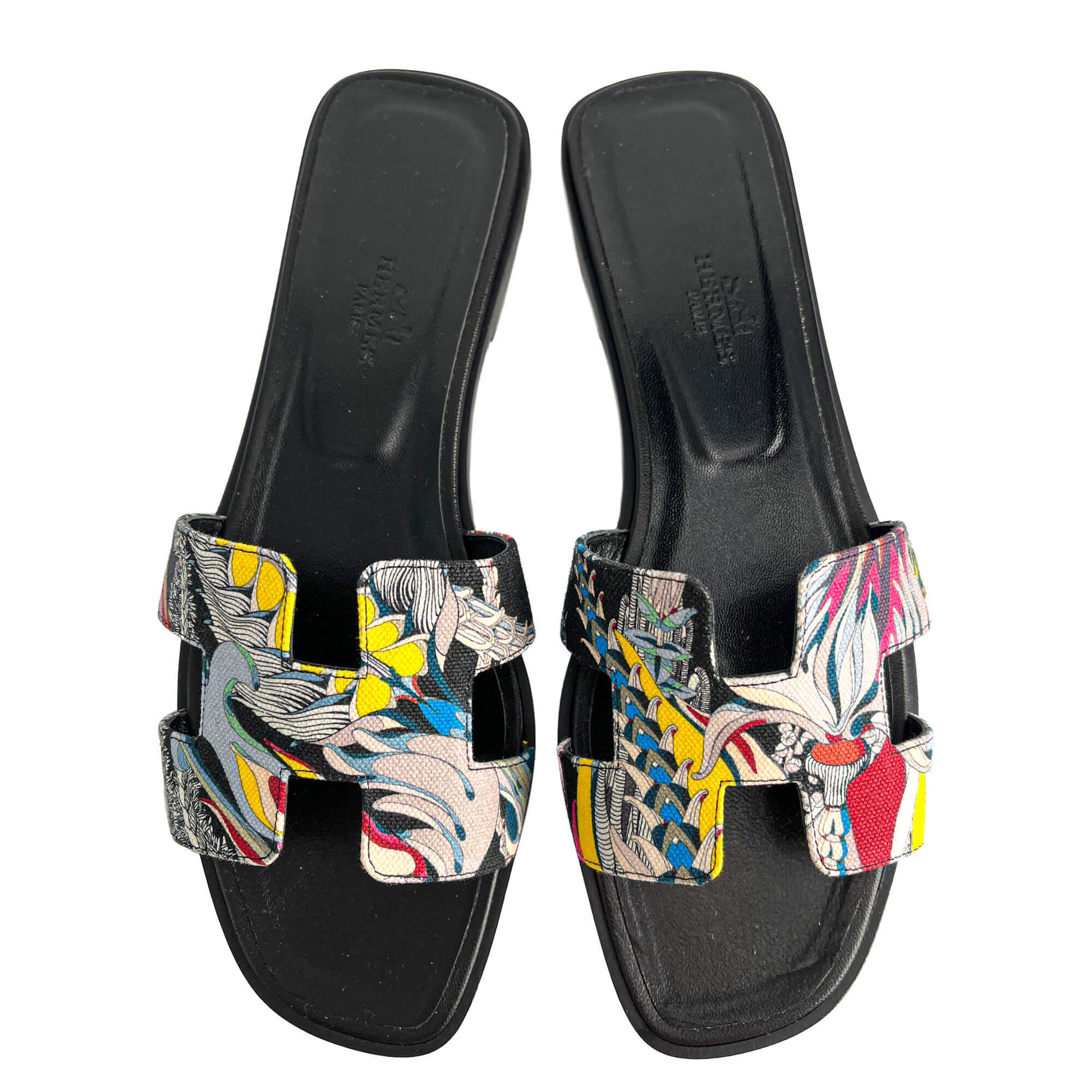 Second hand Hermes Oasis 4 Canvas Flat Sandals Black - Tabita Bags