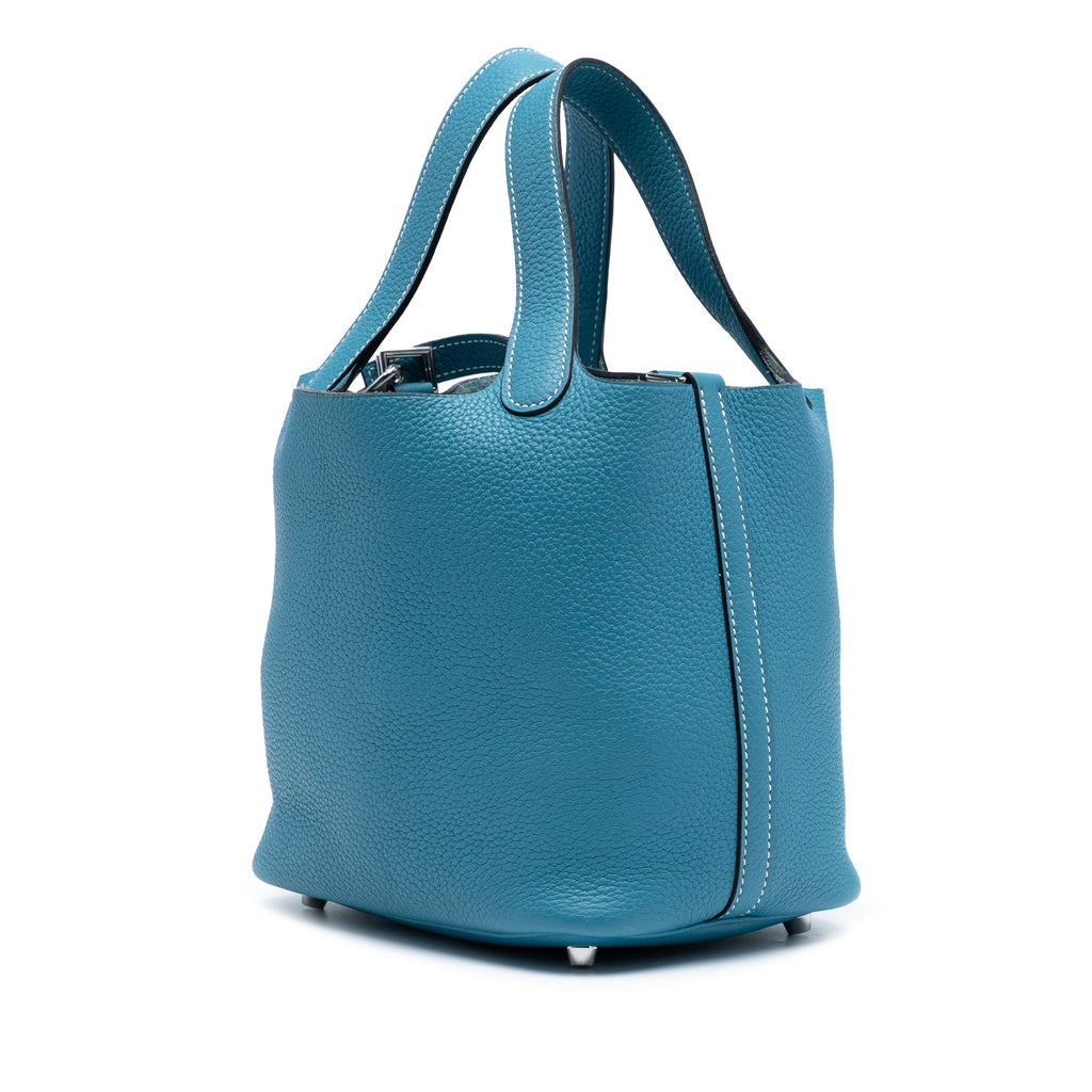 Second hand Hermes Picotin 18 Taurillon Clemence Leather Lock Bucket Handbag Blue Jean - Tabita Bags