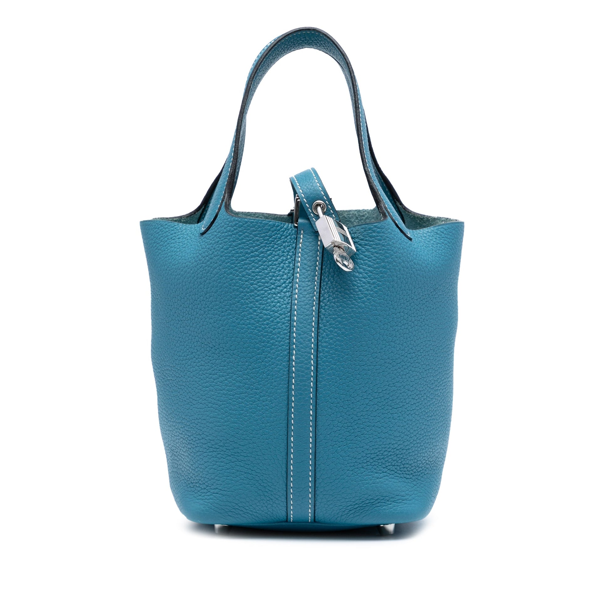 Second hand Hermes Picotin 18 Taurillon Clemence Leather Lock Bucket Handbag Blue Jean - Tabita Bags