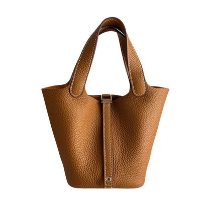 Second hand Hermes Picotin 18 Taurillon Clemence Leather Lock Bucket Handbag Caramel - Tabita Bags