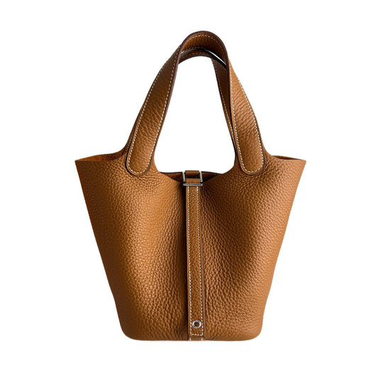 Second hand Hermes Picotin 18 Taurillon Clemence Leather Lock Bucket Handbag Caramel - Tabita Bags