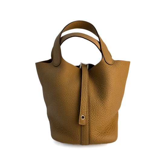 Second hand Hermes Picotin 18 Taurillon Clemence Leather Lock Bucket Handbag Gold - Tabita Bags