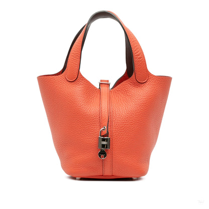 Second hand Hermes Picotin 18 Taurillon Clemence Leather Lock Bucket Handbag Orange - Tabita Bags