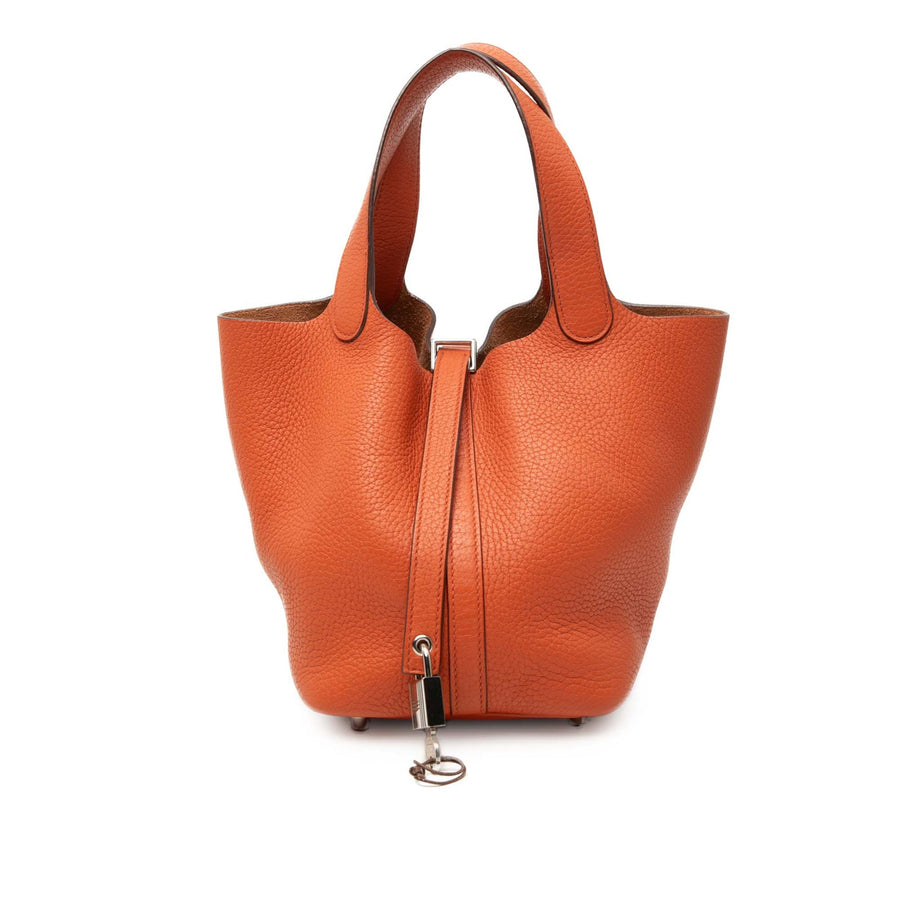 Second hand Hermes Picotin 18 Taurillon Clemence Leather Lock Bucket Handbag Orange - Tabita Bags