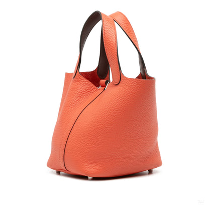 Second hand Hermes Picotin 18 Taurillon Clemence Leather Lock Bucket Handbag Orange - Tabita Bags