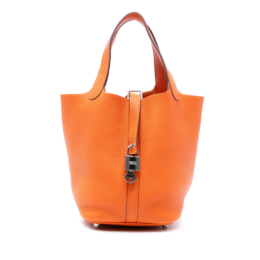 Second hand Hermes Picotin 18 Taurillon Clemence Leather Lock Bucket Handbag Orange - Tabita Bags