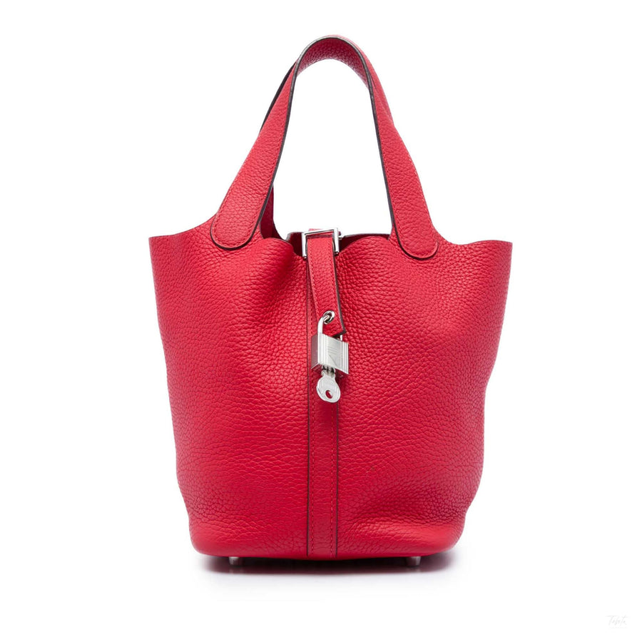 Second hand Hermes Picotin 18 Taurillon Clemence Leather Lock Bucket Handbag Red - Tabita Bags