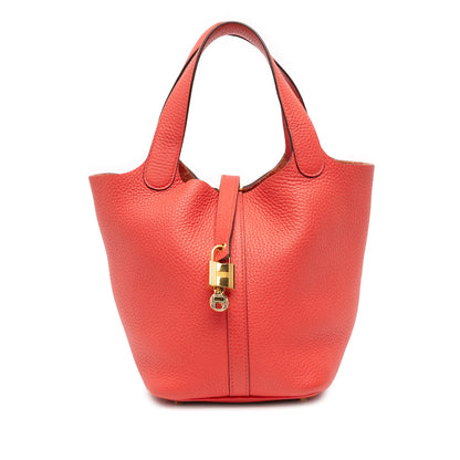 Second hand Hermes Picotin 18 Taurillon Clemence Leather Lock Bucket Handbag Rouge Pivoine - Tabita Bags