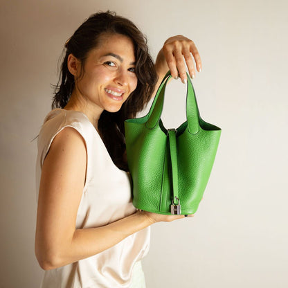 Second hand Hermes Picotin 18 Taurillon Clemence Leather Lock Bucket Handbag Vert Yucca - Tabita Bags