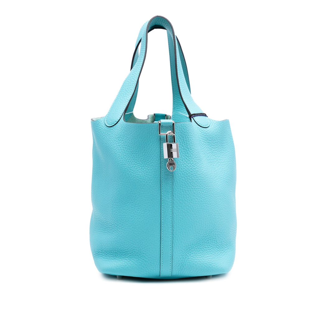 Second hand Hermes Picotin 22 Leather Lock Bucket Handbag Blue Atoll - Tabita Bags