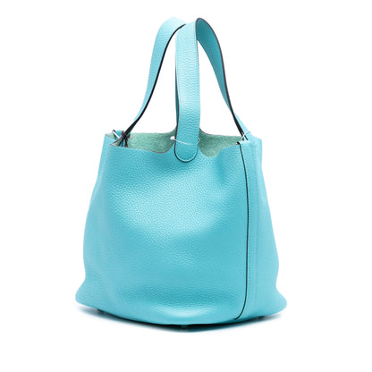 Second hand Hermes Picotin 22 Leather Lock Bucket Handbag Blue Atoll - Tabita Bags
