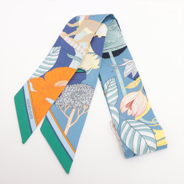 Hermes Twilly Silk Precious Paradise in Bleu Jean Orange Blue